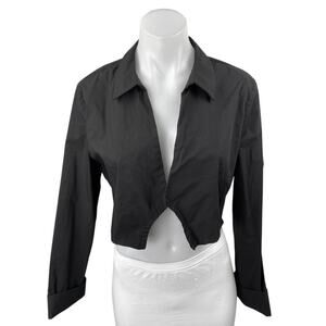 Zara Women's Black Collared Long Sleeve Cutout Open Front Crop Shirt Top Size L